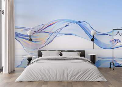 3d render abstract background in nature landscape. transparent glossy glass ribbon on water. hologra Wall mural