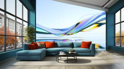 3d render abstract background in nature landscape. Transparent glossy glass ribbon on water. Holographic curved wave in motion. Iridescent design element for banner background, wallpaper. Wall mural