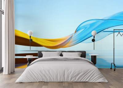 3d render abstract background in nature landscape. transparent glossy glass ribbon on water. yellow  Wall mural