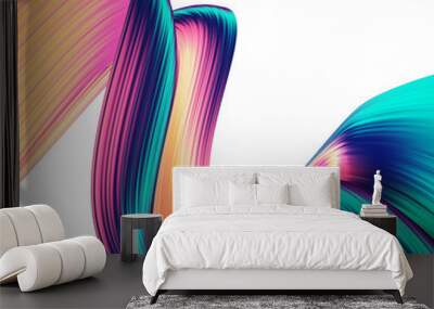 3D render abstract background. Colorful twisted shapes in motion. Computer generated digital art for poster, flyer, banner background or design element. Holographic foil ribbon on white background. Wall mural