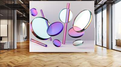 3d render background with flying geometric shapes. transparent glass cylinders and tubes in chaotic  Wall mural