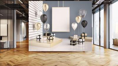 Interior mock up scene with black and gold gift boxes and balloons. Realistic glossy 3d objects for birthday party or promo posters or banners. Empty space for poster size design element. Wall mural