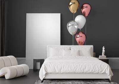 Interior mock up scene with pink and gold gift boxes and balloons on dark background. Realistic glossy 3d objects for birthday party or promo posters or banners. Empty space for poster size design.  Wall mural