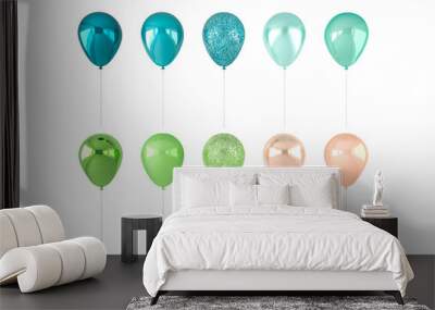 Set of 3D render blue, green and golden balloons isolated on white background. Trendy realistic design 3d elements in pastel colors for birthday, presentation, promo, party or other events. Wall mural