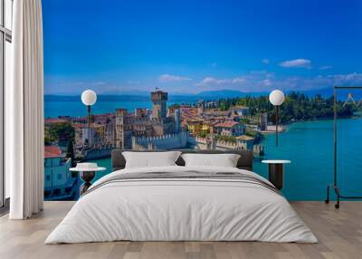 Aerial photography with drone, Rocca Scaligera Castle in Sirmione. Garda, Italy. Wall mural