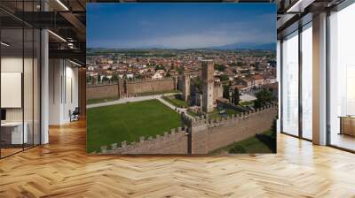 Aerial view of the Italian historic castle Castello Scaligero, view of the Villafranca di Verona. Historical part of the city Villafranca di Verona, Verona, Italy. Wall mural