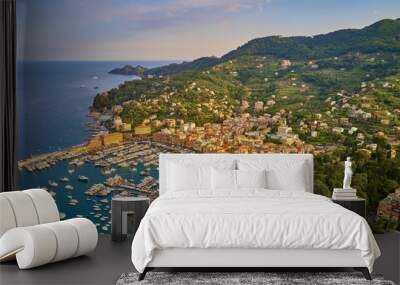 Panoramic aerial view of the resort town of Santa Margherita Ligure, Italy. Coastline, boats on the water Wall mural