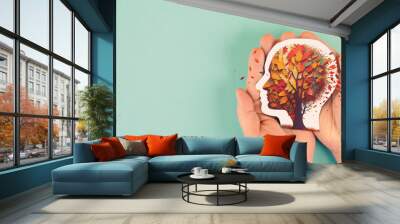 Alzheimer awareness day, dementia diagnosis, Parkinson´s disease, memory loss disorder, brain with autumn foliage, aging mind Wall mural