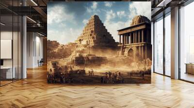 Ancient city of Babylon with the tower of Babel, bible and religion, new testament, speech in different languages, generative AI Wall mural