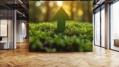 Arrow pointing upwards, eco friendly progress, sustainable development, environmental growth, forest with green lush and grass, reduce carbon emission Wall mural