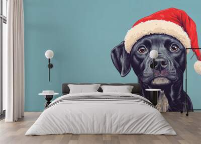 Black Dog with red santa claus hat, Christmas holiday, winter season, pet dog blue background Wall mural