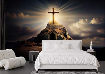 Cross on the mountain with sun light, belief, faith and spirituality, crucifixion and resurrection of Jesus Christ at Easter, generative AI
 Wall mural