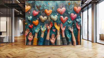 Friendship, humanitarian aid, human rights and respect, support and justice, multicultural team, hand with heart Wall mural