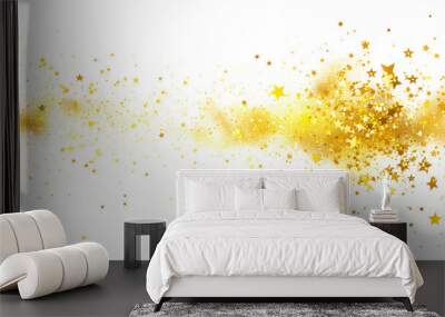 Golden stars and glitter explosion cloud, confetti splash, twinkling scattered star dust and particles, isolated transparent background Wall mural