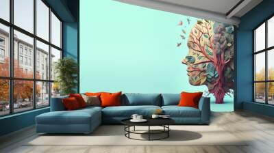 Human brain tree with flowers and leaves, self care and mental health concept, positive thinking, creative mind, generative AI
 Wall mural