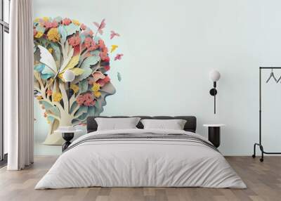 Human brain with flowers and butterflies, self care and mental health concept, positive thinking, creative mind Wall mural