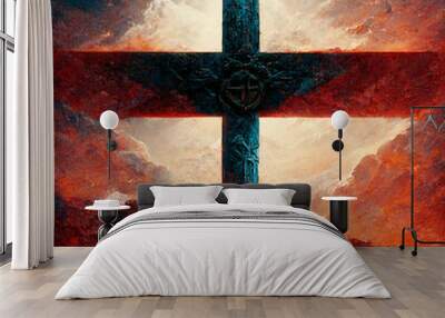 Illustration cross of Jesus Christ with clouds and a light, symbol of christian religion, faith and spirituality concept Wall mural