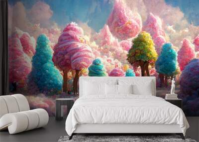 Illustration of  colorful dreamlike candy cotton trees in a forest,  abstract pink landscape, optimism concept, generative AI Wall mural