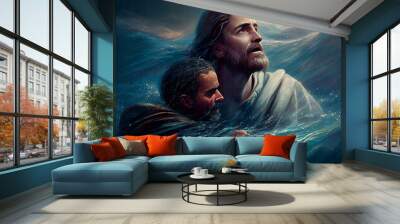 Jesus saves Peter who sinks, walking on water, Sea of Galilee, miracle of the bible, christianity and religion belief, generative AI
 Wall mural