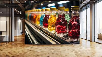 Juice bottles with fruit on a conveyor belt, beverage factory operates a production line, processing and bottling drink Wall mural