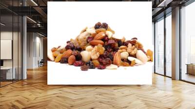 Mix of nuts and dry fruits isolated on a white transparent background, almonds, walnuts, hazelnuts and raisons on a pile, healthy food Wall mural