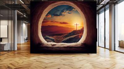 Resurrection of Jesus Christ, empty grave tomb with cross, bible story of Easter, crucifixion at sunrise, generative AI
 Wall mural