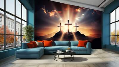 three cross on the mountain with sun light, belief, faith and spirituality, crucifixion and resurrec Wall mural