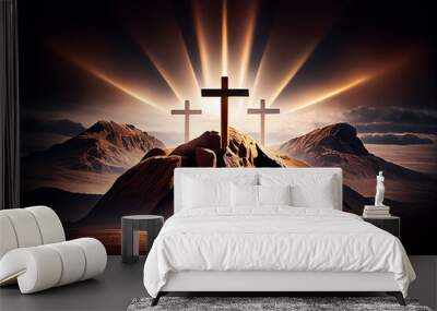 Three cross on the mountain with sun light, belief, faith and spirituality, crucifixion and resurrection of Jesus Christ at Easter, generative AI  Wall mural