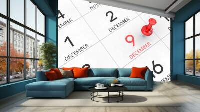 3d rendering of important days concept. December 9th. Day 9 of month. Red date written and pinned on a calendar. Winter month, day of the year. Remind you an important event or possibility. Wall mural