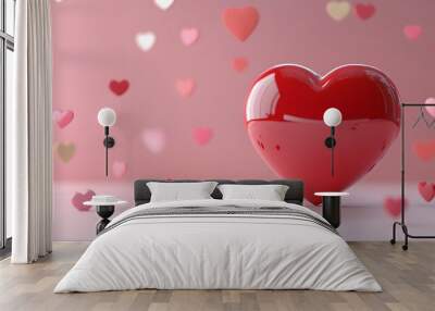 3d Red heart on pink background. heart icon, like and love 3d render illustration.  Wall mural