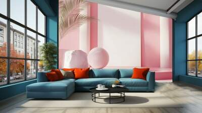 3d rendering white pink scene blank frame user interface abstract geometric shape.  Wall mural