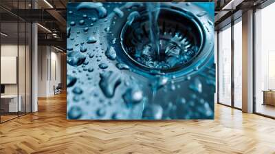 A stream of clean water flows into the stainless steel sink in blue tones. Sink plug hole close up macro.  Wall mural