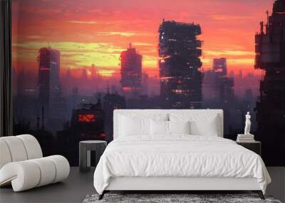 abandoned buildings in futuristic city at sunset,sci-fi scenery illustration painting.  Wall mural