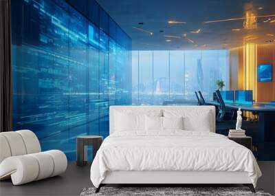 abstract business interior background, blue window double exposure, technology.  Wall mural