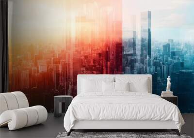 abstract business modern background with cityscape double exposure.  Wall mural