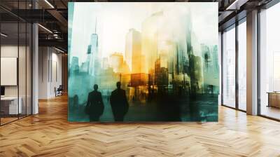 abstract business modern background with cityscape double exposure.  Wall mural