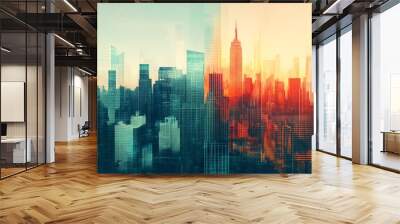 abstract business modern background with cityscape double exposure.  Wall mural