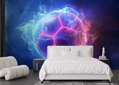 Abstract glowing neon colored soccer ball over blue background.  Wall mural