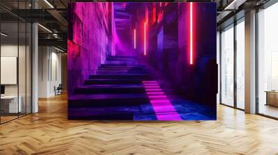 Abstraction, futuristic city of concrete and neon. Night city view, stairs up, illumination. Dark street, abstract scene, neon rays.  Wall mural