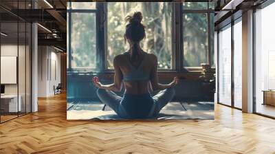 Adult woman practising yoga at home.  Wall mural