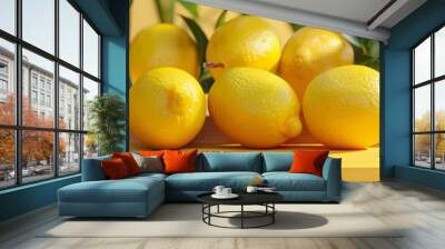 Background lemon podium product fruit platform cosmetic scene display citrus yellow. Podium lemon vitamin stand background pedestal presentation food stage summer juice c beauty dry natural wood drink Wall mural