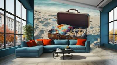 Beach Preparation - Accessories In Suitcase On Sand.  Wall mural