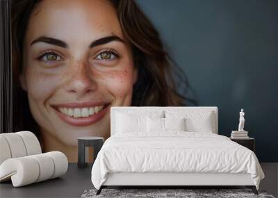 Big bright white smile headshot with a beautiful brunette woman sincere happy cheerful positive expression.  Wall mural