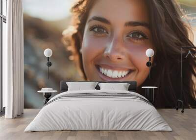 Big bright white smile headshot with a beautiful brunette woman sincere happy cheerful positive expression.  Wall mural