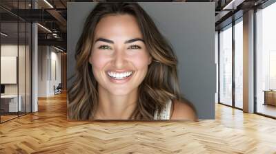 Big bright white smile headshot with a beautiful brunette woman sincere happy cheerful positive expression.  Wall mural