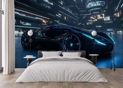 black futuristic electric car with blue light. Concept of future. 3d rendering.  Wall mural