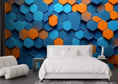 Blue and orange hexagons background pattern 3D rendering.  Wall mural