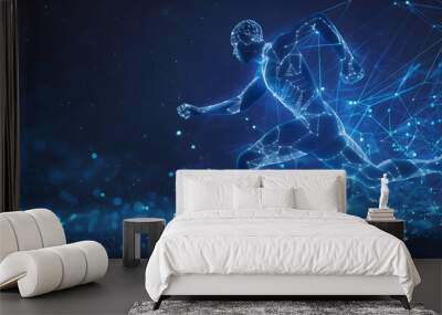 Blue glowing wireframe hologram of an athlete running on dark blue background concept for sport technology and futuristic digital design element Wall mural