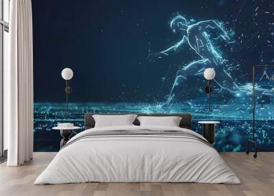 Blue glowing wireframe hologram of an athlete running on dark blue background concept for sport technology and futuristic digital design element Wall mural