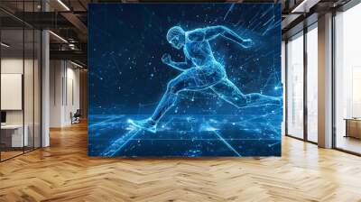 Blue glowing wireframe hologram of an athlete running on dark blue background concept for sport technology and futuristic digital design element Wall mural